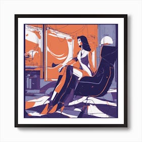 Drew Illustration Of Woman On Chair In Bright Colors, Vector Ilustracije, In The Style Of Dark Navy (3) Art Print