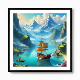 Big Mountains With Sale Boat In The Lake Art Print