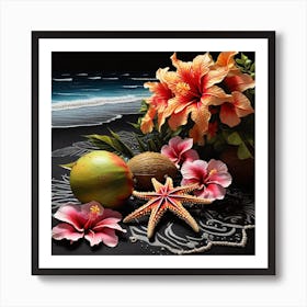Leonardo Diffusion Xl Beach Scene A Starfish Hibiscus Coconut 1 Art Print