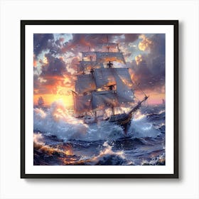 Sailing Ship At Sunset Art Print