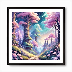 A Fantasy Forest With Twinkling Stars In Pastel Tone Square Composition 66 Art Print