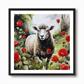 Sheep With Red Roses Art Print