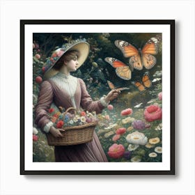 Lady With Basket Of Butterflies Art Print