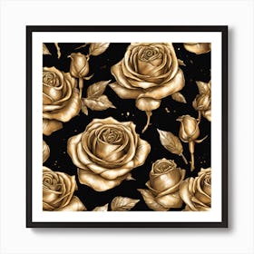 Gold Roses On Black Background Art Print