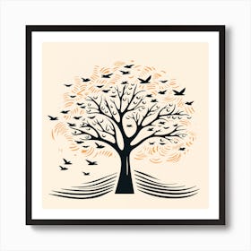 Birds Flying Under Tree Illustration Art Print