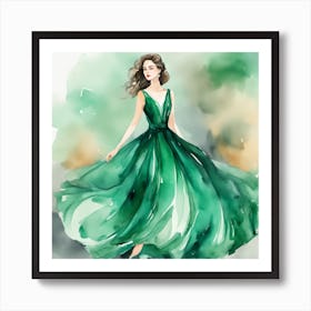 Watercolor Of A Woman In A Green Dress Poster