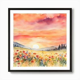 Wildflowers Sunset, Square Retro Art, Flower Fields 1 Art Print
