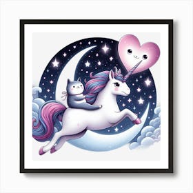 Valentine's Day Lovely Cat Riding a Unicorn 15 Art Print