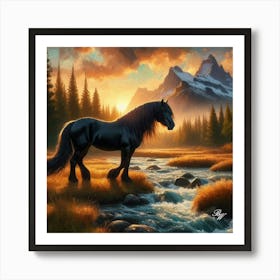 Black Stallion By Stream At Sunrise 3 Art Print