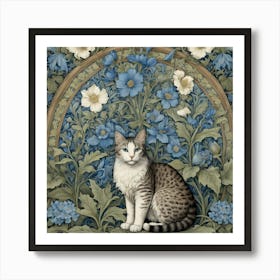 Cat In Blue Flowers william morris inspired art Art Print