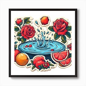 Water Splash fruits and flowers Art Print
