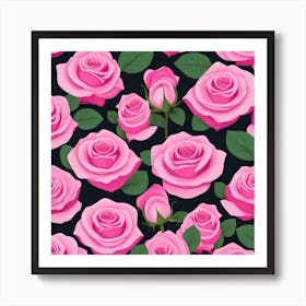 Pink Roses On Black Background Art Print