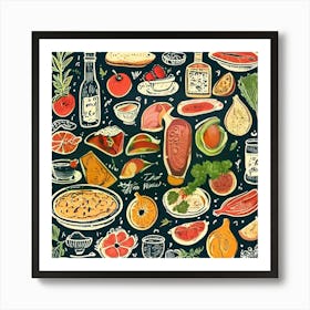 Doodles Of Food, Seamless Pattern With Fruits And Vegetables, Foodie Traveler A Delicious Featuring Iconic Dishes From Different Countries Art Print