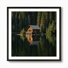 A Peaceful Lakeside Cabin Surrounded By Pine Trees And Reflecting In The Still Water Art Print