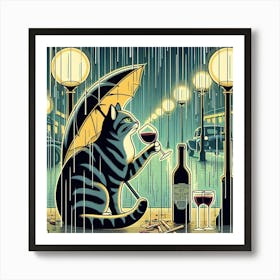 Cat Drinking Wine In The Rain 5 Art Print