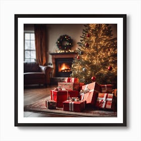 Christmas Presents Under Christmas Tree At Home Next To Fireplace Haze Ultra Detailed Film Photog (9) Art Print