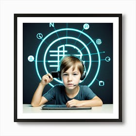 Young Boy With Headphones And A Laptop Art Print