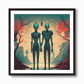 Alien Couple Painted To Mimic Humans, In The Style Of Art Elements, Folk Art Inspired Illustrations Art Print