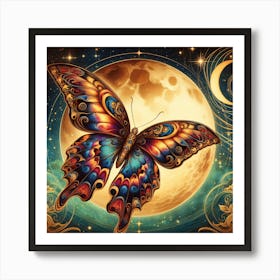 Celestial Butterfly in Green & Gold with Moon II Art Print