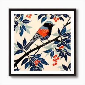 Japanese Sashiko Quilting, Bird On a Branch, folk art, 157  Art Print