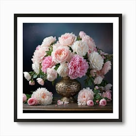 A Delicately Refined Bouquet Placed In An Exquisite Ornamental Vase Cradling Peonies And Roses In Art Print