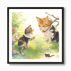 Little Cat Playing With A Dog In The Gard Art Print
