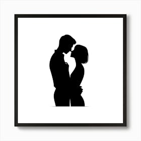 Title: "Embrace in Contrast"  Description: "Embrace in Contrast" offers a powerful depiction of love through a minimalist silhouette, where two figures are locked in an intimate embrace. This stark black and white image symbolizes pure connection and unity, making it a compelling visual for those seeking art that reflects the depth of human relationships. It's a resonant piece for collections centered on love, togetherness, and the elegance of simplicity in design. Art Print