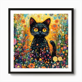 Black Cat In The Meadow Art Print