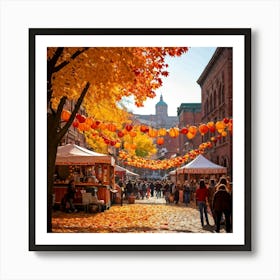 A Quaint Rustic Autumn Festival Scene Where The Dance Of Fiery Oranges Rich Yellows And Deep Reds (3) Art Print