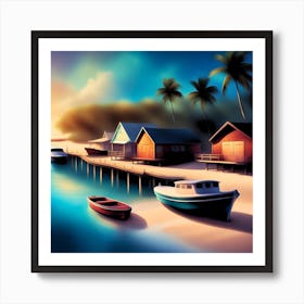 Sunset At The Beach- Tropical beach setting with traditional boats anchored ashore. Vivid blue skies complement the serene sea view with a lush palm tree in the foreground Art Print