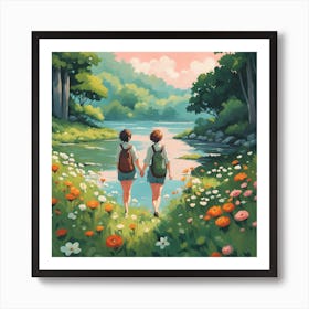Couple Walking By A River Art Print