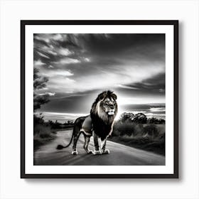Lion Walking On The Road Art Print
