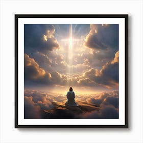 Gods Hand Comes Through The Clouds Jesus Is Praying On The Ground Art Print