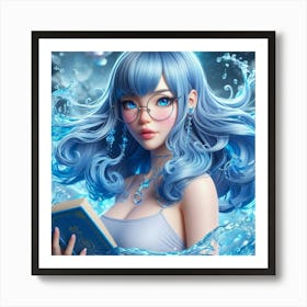 Blue Haired Girl Reading A Book 1 Art Print