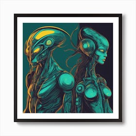 Alien Woman And Man Painted To Mimic Humans, In The Style Of Art Elements, Folk Art Inspired Illus Art Print