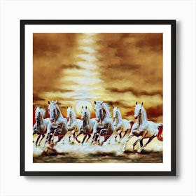 White Horses Running At Sunset Art Print