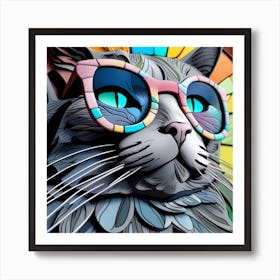 Cat In Sunglasses 3D pop art stained glass Art Print