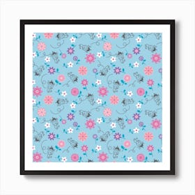 Bees And Flowers Pink And Blue Floral Wallpaper Art Print