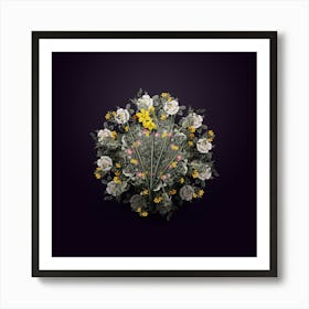 Vintage Narcissus Odorus Flower Wreath on Royal Purple n.0678 Art Print