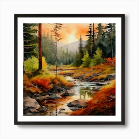 Watercolor A Serene Landscape In Gifford Pinchot National Forest Bathed In Shades Of Terracotta Art Print