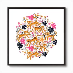 Happy Valentine Tigers In Pink Square Art Print