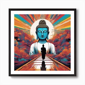 Lord Buddha Is Walking Down A Long Path, In The Style Of Bold And Colorful Graphic Design, David , R (6) Art Print