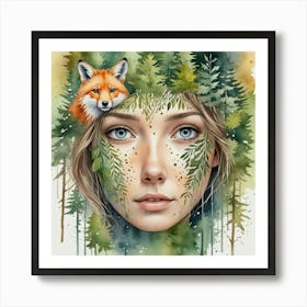 Fox And Girl In The Forest Art Print