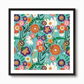 Folk Spring Floral Blue Art Print