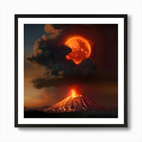 Moon Rises Over A Volcano Art Print