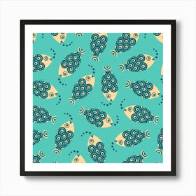 SWIMMING FISH Retro Geometric Undersea Ocean Sea Life in Blue Cream Aqua Turquoise Art Print