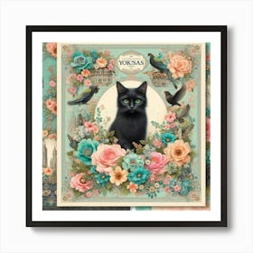 Black Cat With Roses Art Print