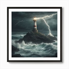 Lightning Storm Over Lighthouse Art Print