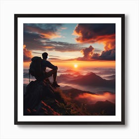 Man Sitting On Top Of Mountain At Sunset Art Print