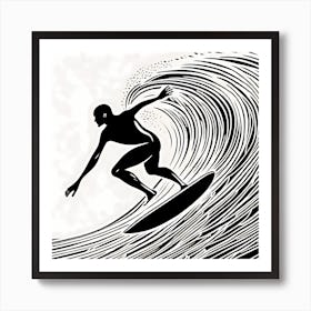 Surfer On A Wave Linocut Black And White Painting, into the water, surfing 2 Art Print